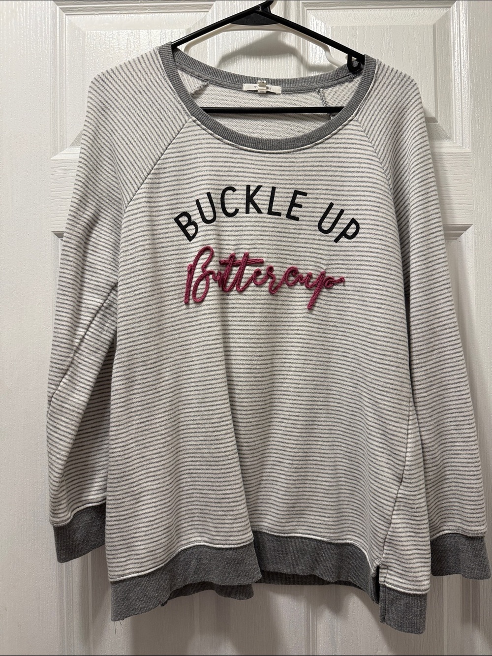 Maurices Gray & Pink Striped "Buckle Up Buttercup" Sweatshirt - Picture 1 of 3